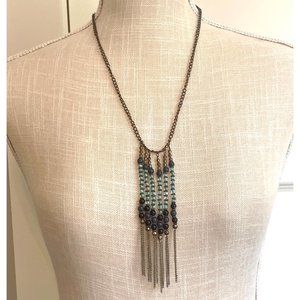 Blue Turquoise Beaded Fringe 22" Necklace, Boho, Festival, Southwestern